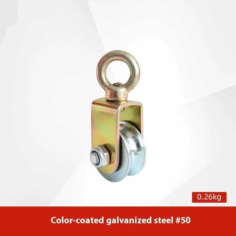 Red industrial lifting pulley with a forged steel safety latch hook and wire rope wheel.