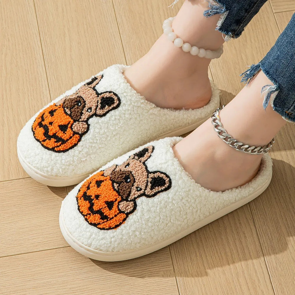 Halloween pumpkin pattern house slippers with plush material and non-slip rubber soles