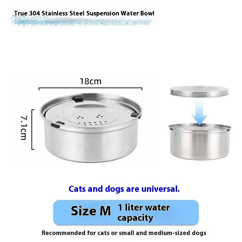Silver stainless steel pet drinking bowl with wide opening, suitable for dogs and cats, large capacity option