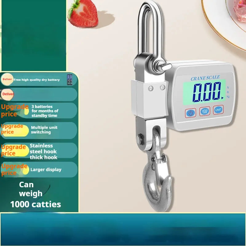 Electronic digital hook scale in orange, blue, or white showing digital display and metal hook.
