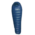 Ultralight mummy-style sleeping bag filled with white duck down, shown in army green 400T nylon fabric.