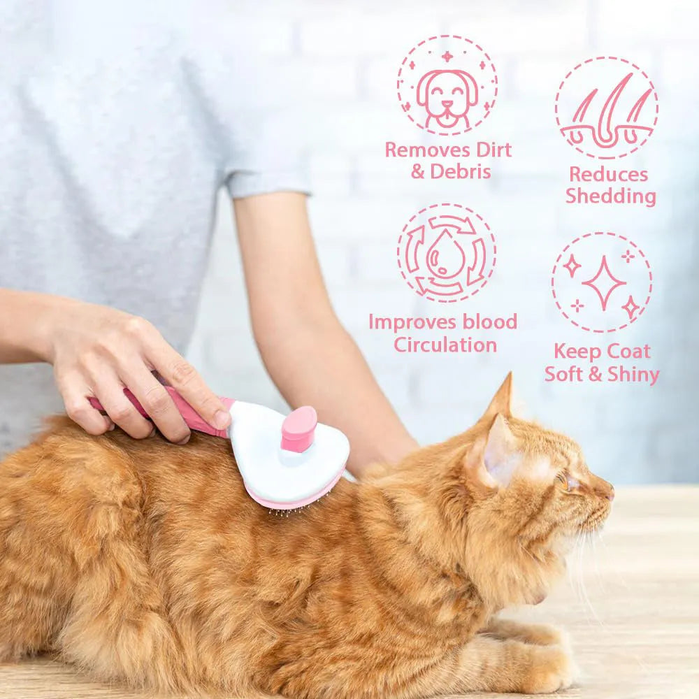 Cat grooming brush with release button in blue, grey and pink colour options