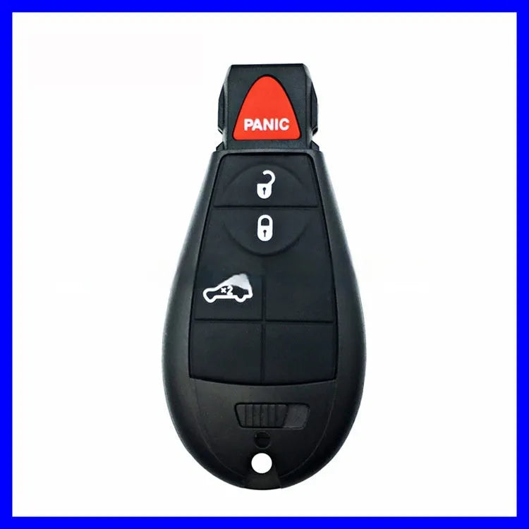 Blank Dodge car key shell case made of black ABS plastic, showing brass contacts inside, dimensions 85x42x15mm.