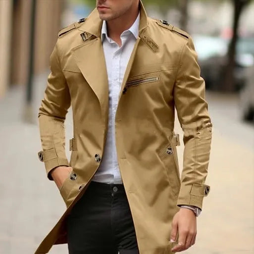 Men's lapel collar casual jacket in army green, showing side seam pockets and autumn styling.
