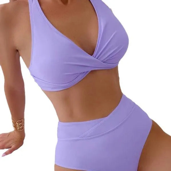 Women's high-waist swimsuit with creative printing in a sleeveless briefs style.