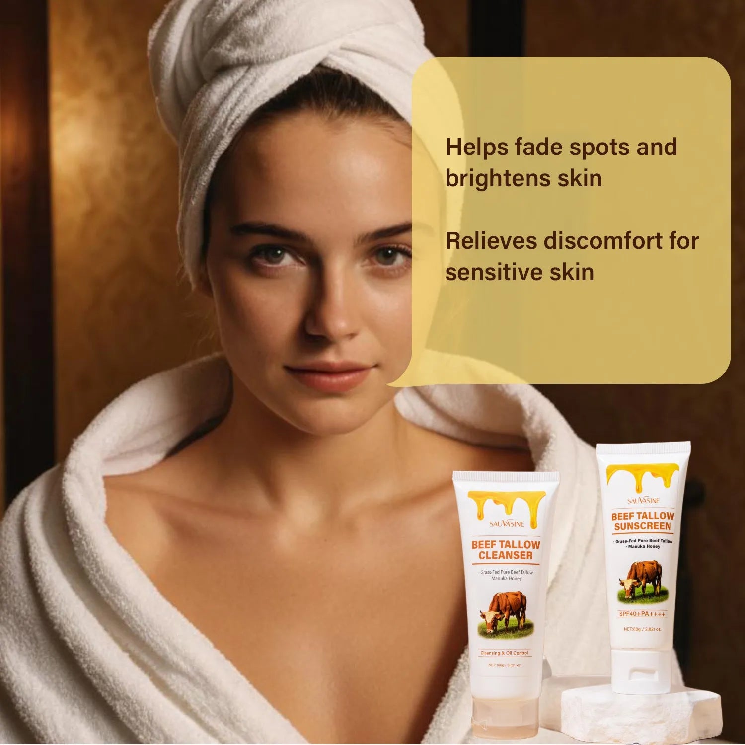 Butter Honey seven-piece skincare set box containing facial cleanser, face cream, lipstick, lotion, scrub, protective cream, and beef fat product.