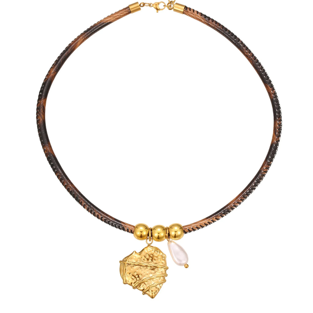 Geometric leopard pendant necklace on adjustable stainless steel chain with 18K gold electroplating