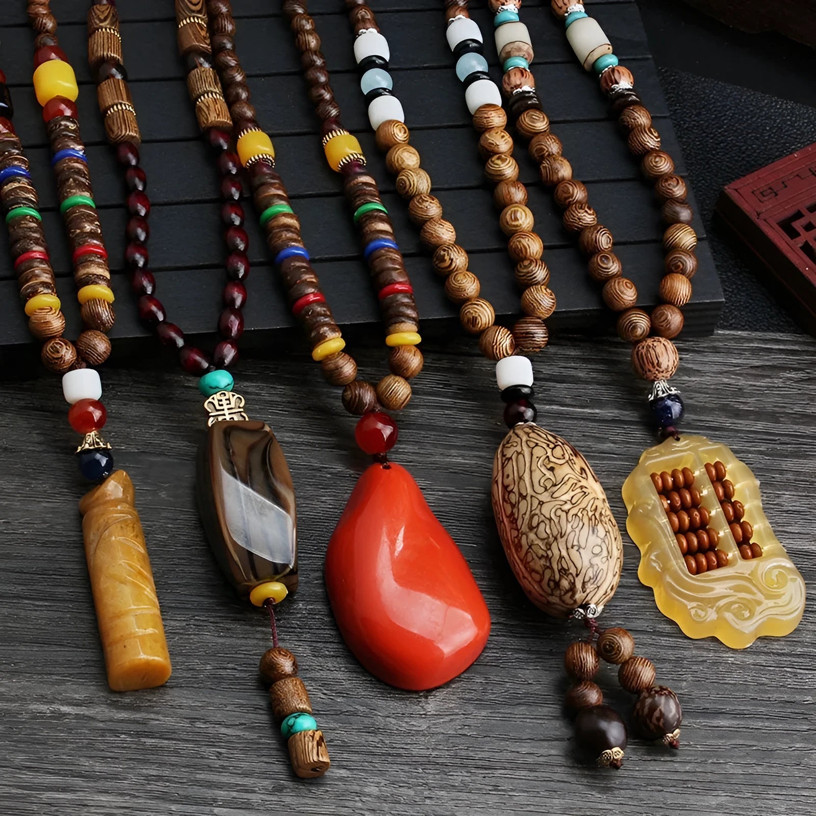 Unisex handmade long bead necklace with Bodhi pendant on chain