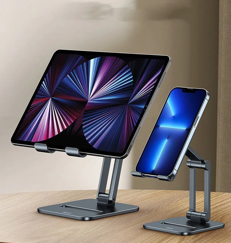 Deep space grey aluminium folding stand holding a tablet at an angle.