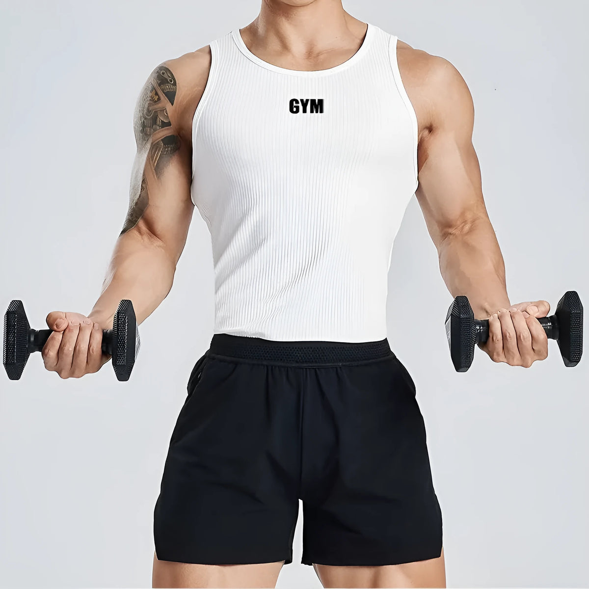 Men's plain polyester fitness vest in black, shown front view, for running and gym training