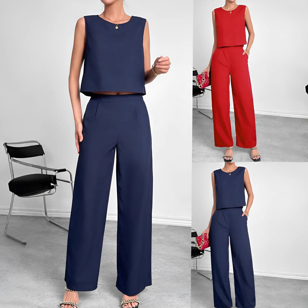 Women's red sleeveless top and wide leg trousers two-piece clothing set