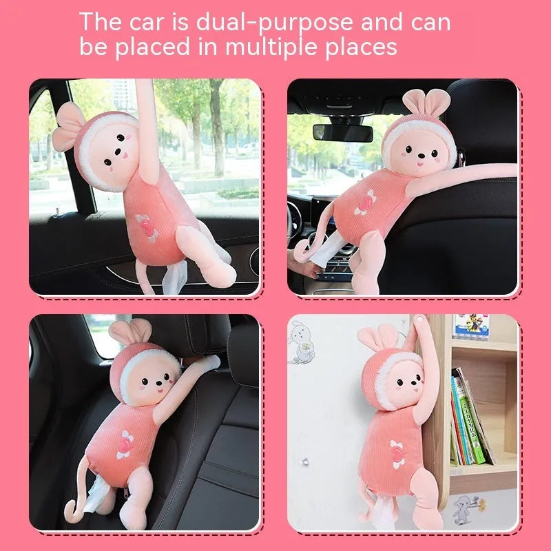 Soft plush car seat back tissue box holder with cute animal design