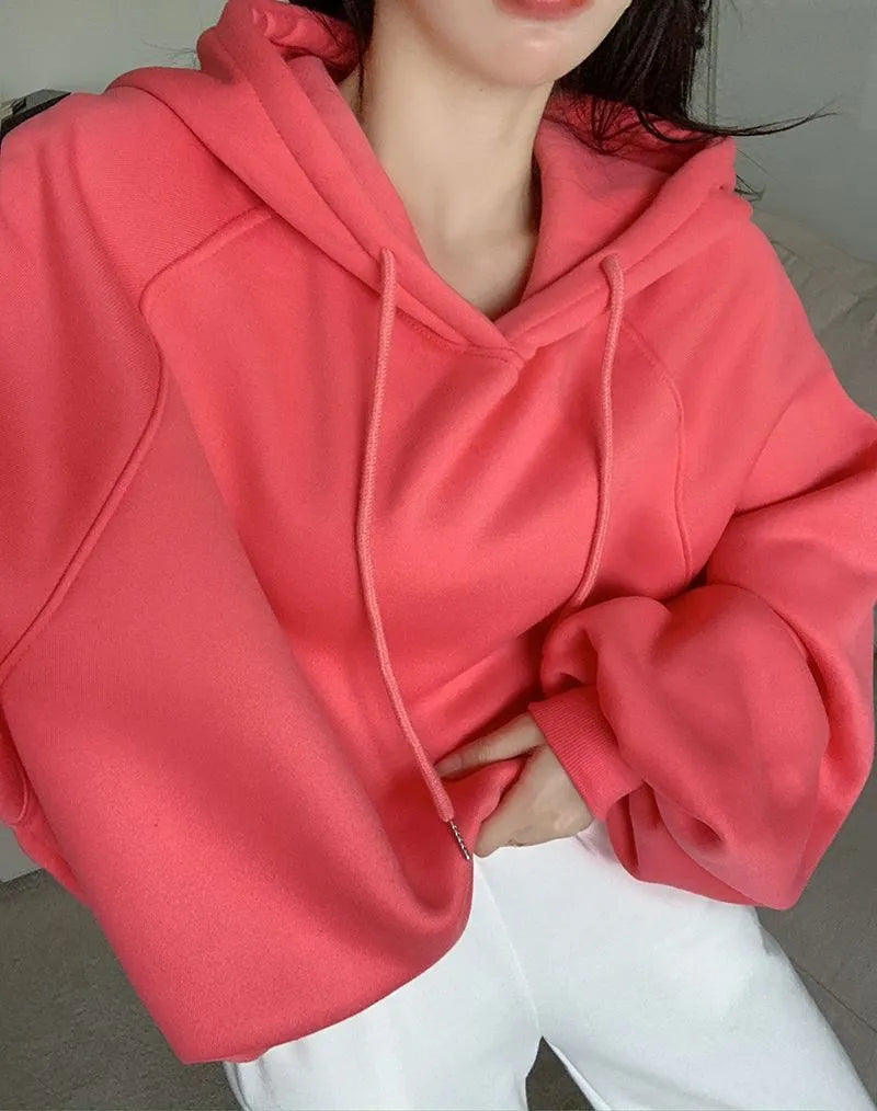 Women's loose mulberry silk hooded sweater in solid watermelon red, sleeveless A-line cut