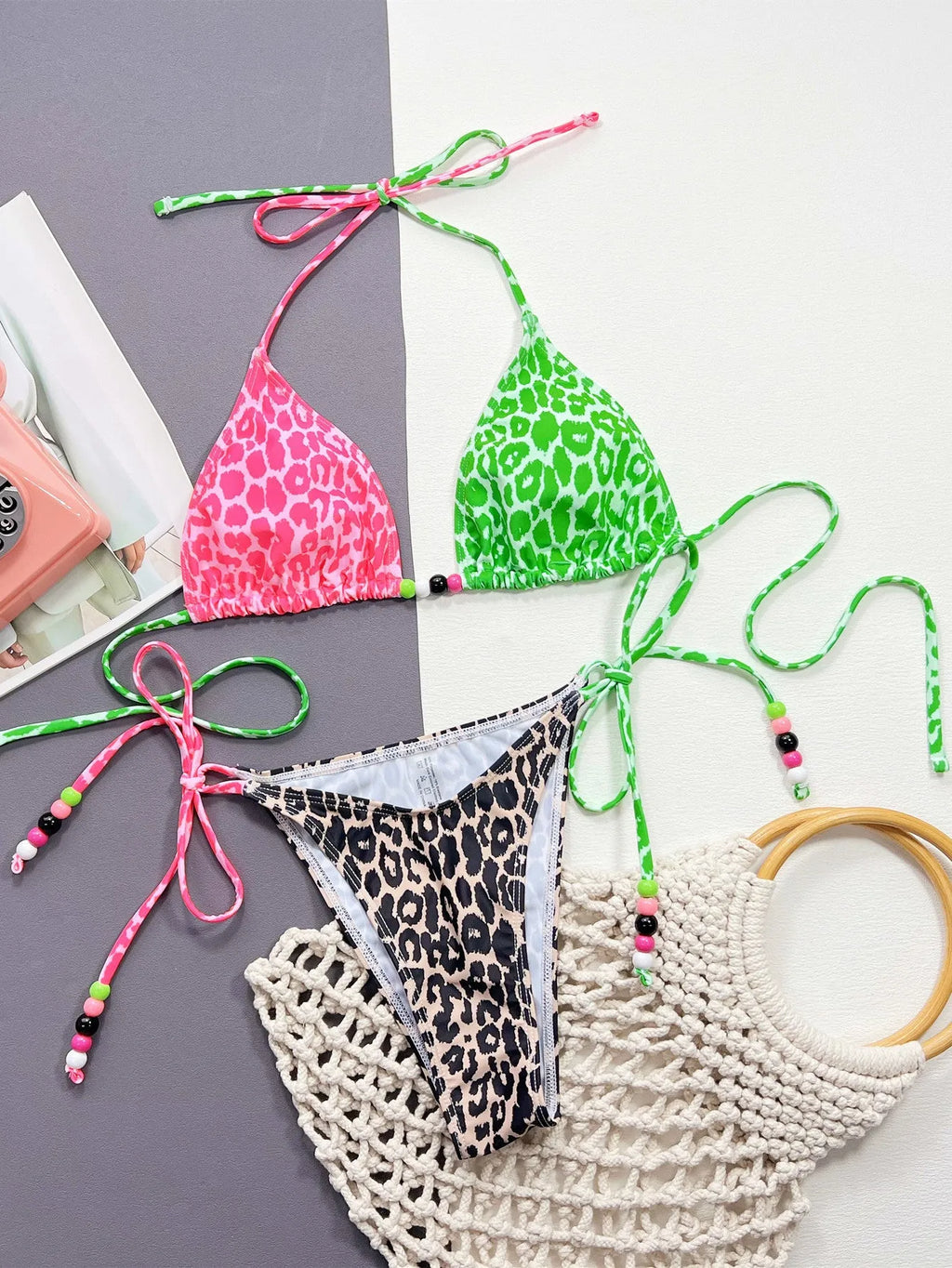 Women's leopard print bikini swimsuit with bra top and briefs