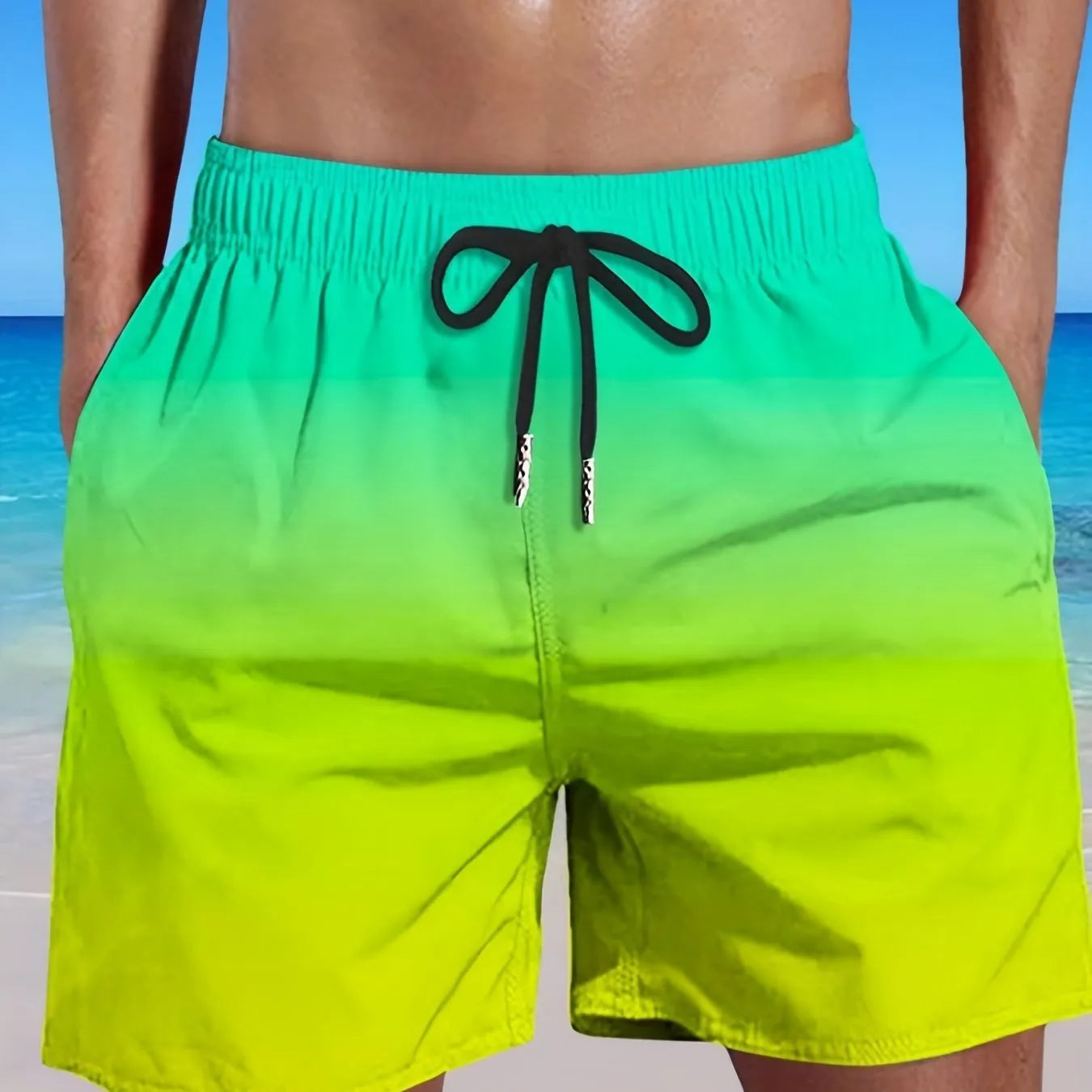 Men's gradient colour 3D digitally printed sports shorts in mesh fabric showing micro-elastic texture