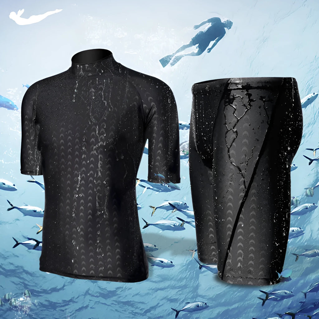Men's black leopard print quick-dry swimsuit set with short-sleeved top and split shorts on beach