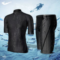 Men's black leopard print quick-dry swimsuit set with short-sleeved top and split shorts on beach