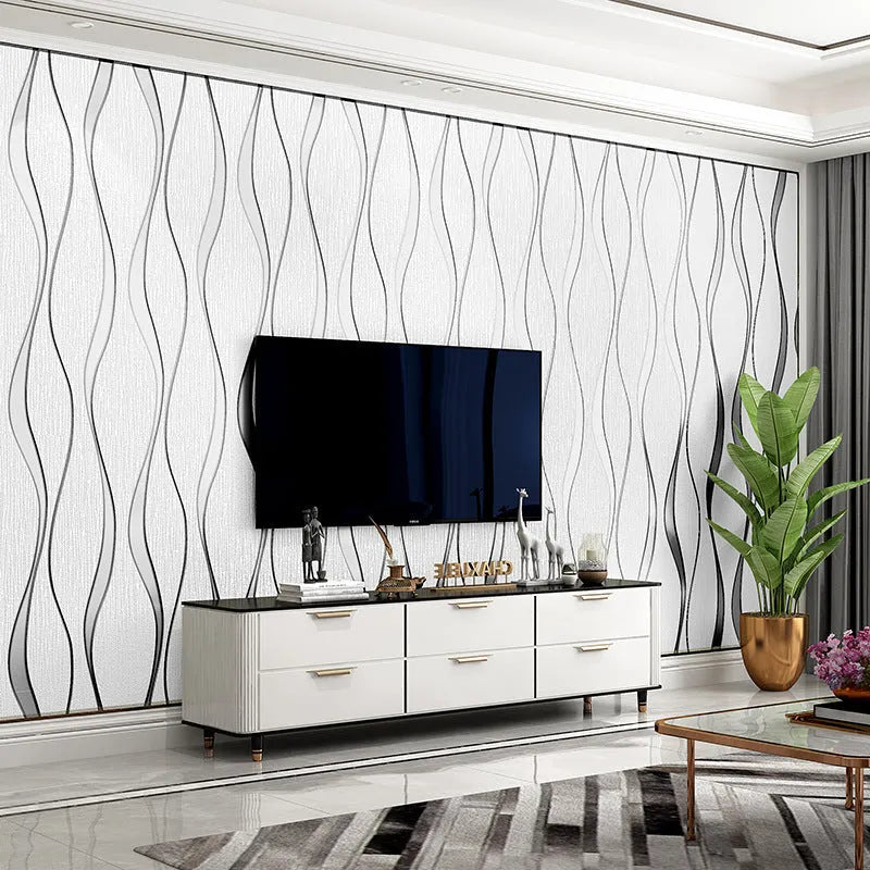 Curve stripe patterned 3D textured wallpaper roll for video wall backgrounds in light grey and dark brown colours