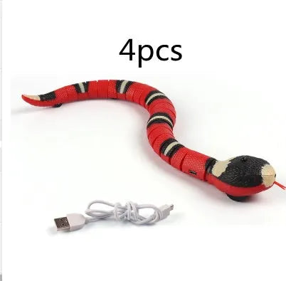 Smart sensing electronic snake cat toy with segmented plastic body and USB charging port