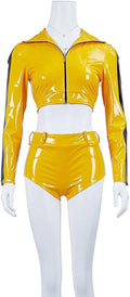 Yellow polyester micro-string dyeing short-sleeved top and shorts two-piece role-playing costume set