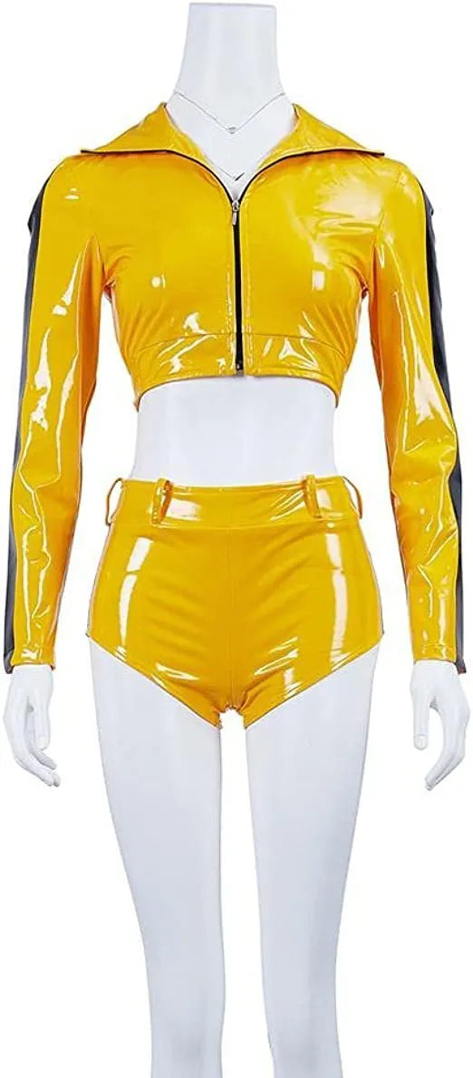Yellow polyester micro-string dyeing short-sleeved top and shorts two-piece role-playing costume set