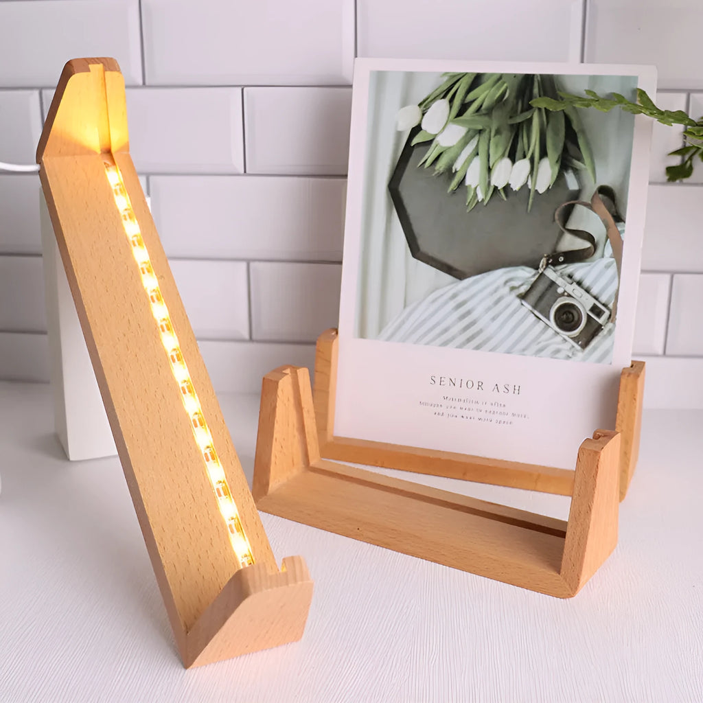 Wooden U-shaped luminous display rack with warm light, beech base, acrylic photo frame, walnut colour, 8 inch size on desk