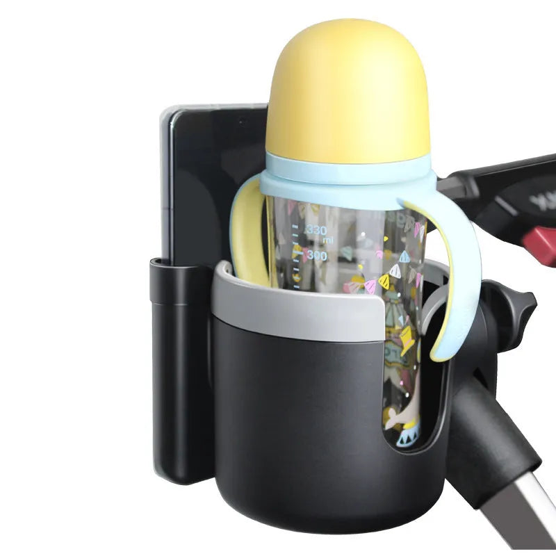 2-in-1 baby stroller cup holder in black, made of silicone and ABS, clipped onto pushchair handlebar