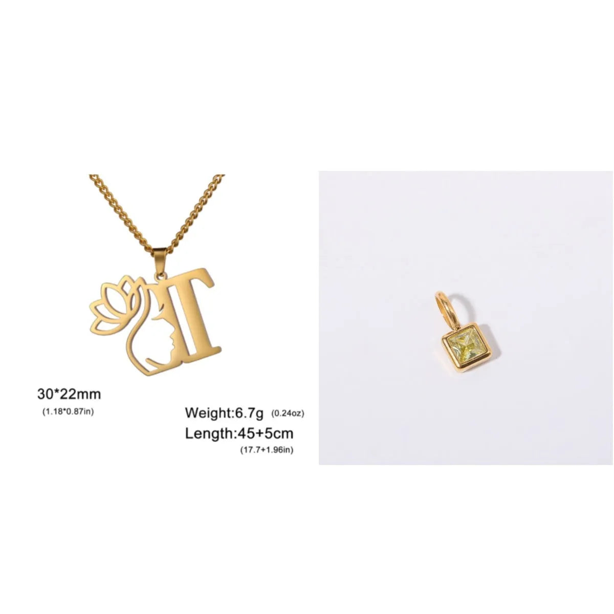 Stainless steel necklace with cross chain and a single initial pendant in a gold or silver finish.