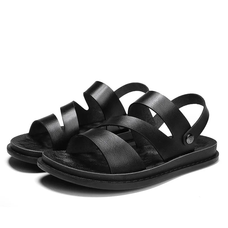 Men's casual outdoor driving dual-purpose leather beach sandals with anti-slip PU sole in black