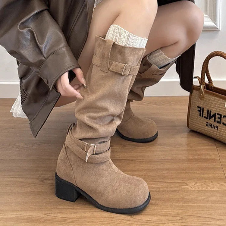 Khaki suede women's pleated pile fashion boots with waterproof platform and mid heel