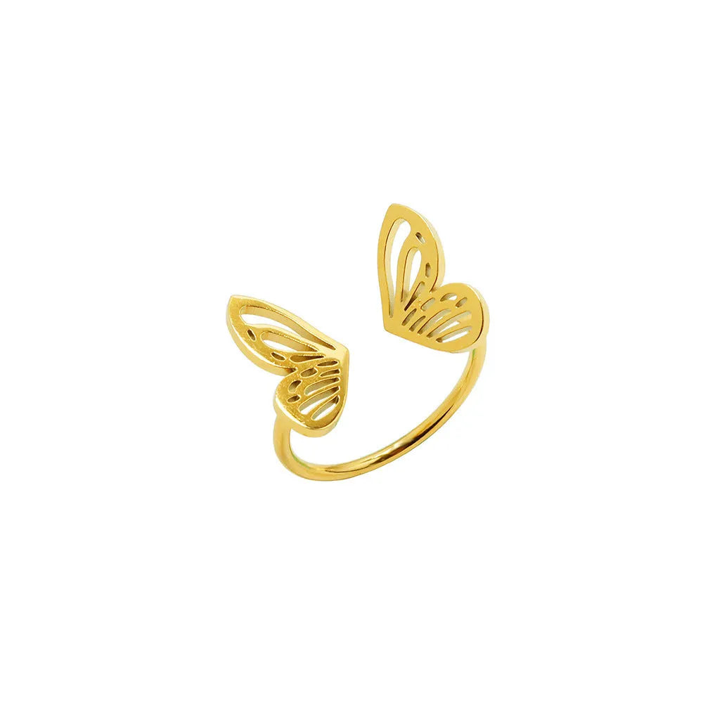 Titanium steel hollow butterfly ring with adjustable opening in gold colour