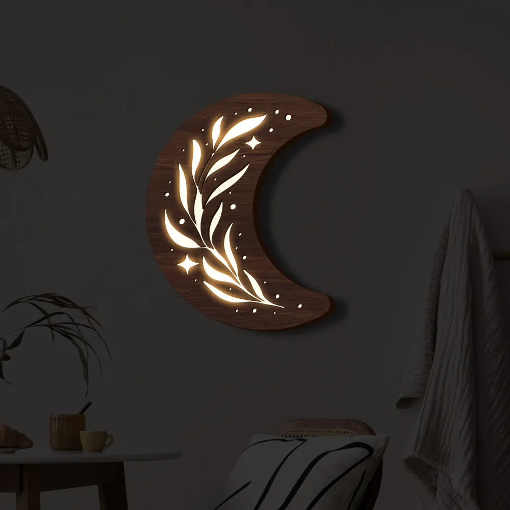 Bohemian style wooden leaf crescent pendant lamp with 3D carved basswood elements in MZ212 colour
