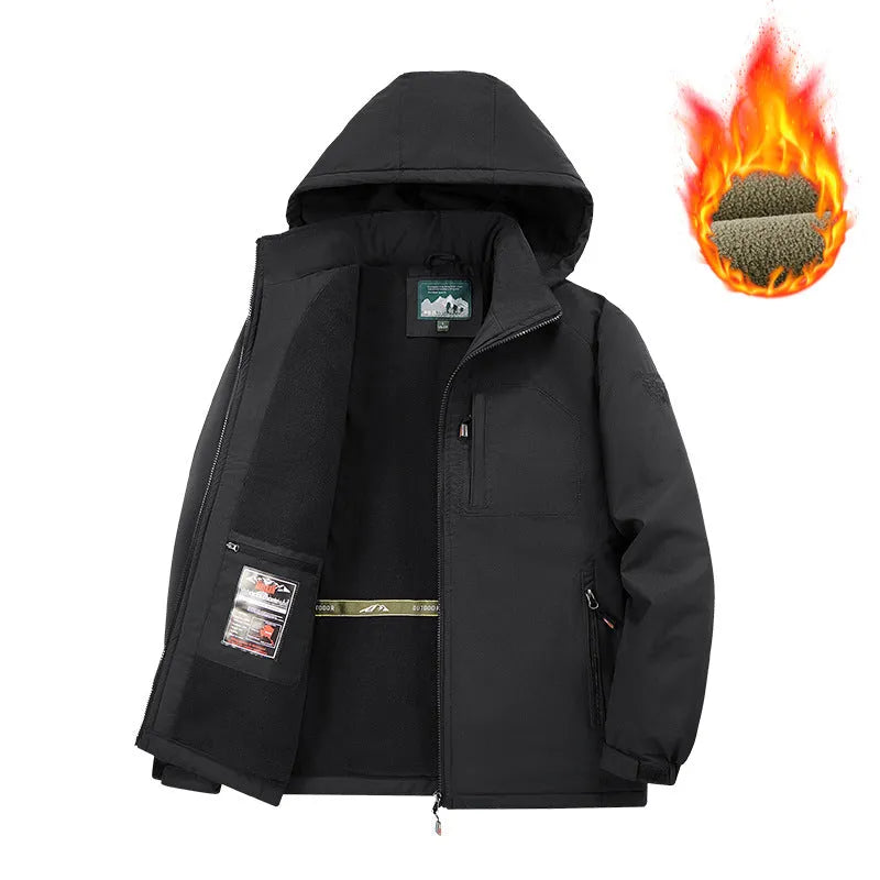New men's detachable hooded thickened cotton jacket with fleece lining in army green, polyester construction, straight hem