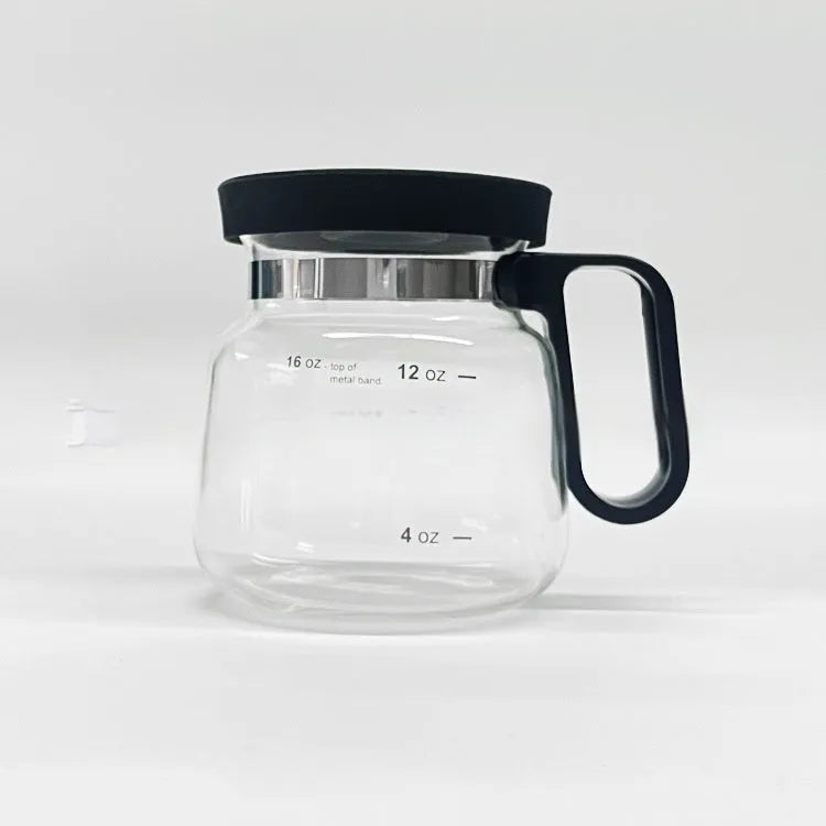 Transparent borosilicate glass coffee maker with silicone cover on a kitchen countertop, 355-473ml capacity