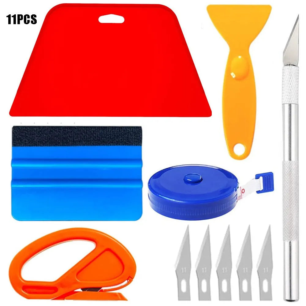 12-piece plastic car film smoothing tool set with squeegee and T-bar for window tinting.