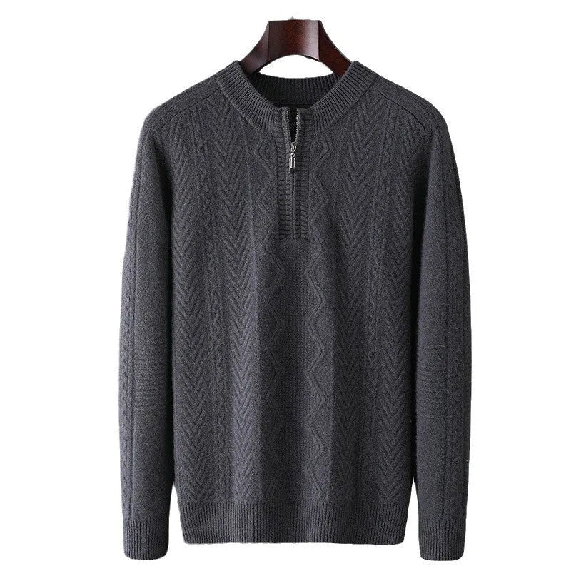 Men's pure wool diamond lattice pattern half-zip loose fit sweater in light camel colour
