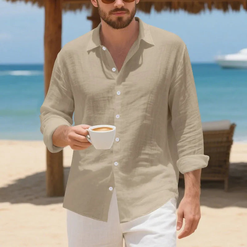 Men's loose fit linen casual shirt in light blue colour, showing non-ironing style.