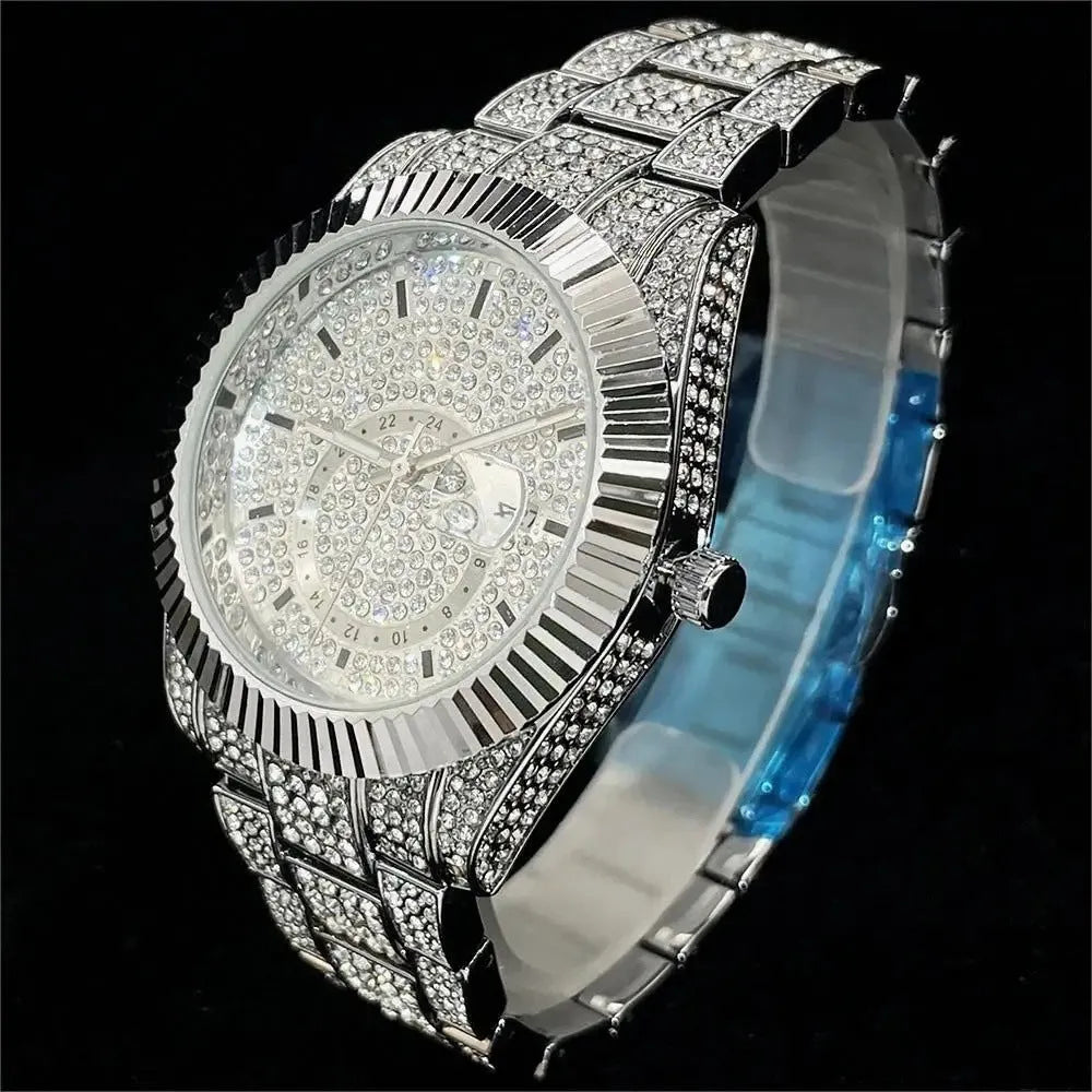 Silver full diamond night glow waterproof men's watch with 42mm dial and gold-plated strap