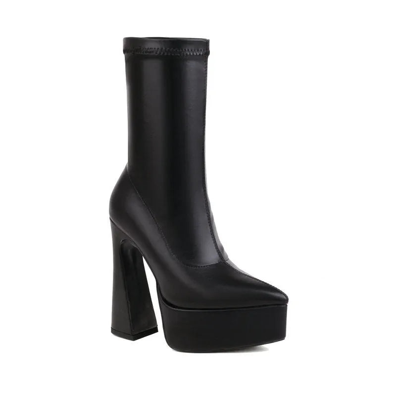 Women's thick heel super high heel platform booties in black with artificial PU upper and rubber sole