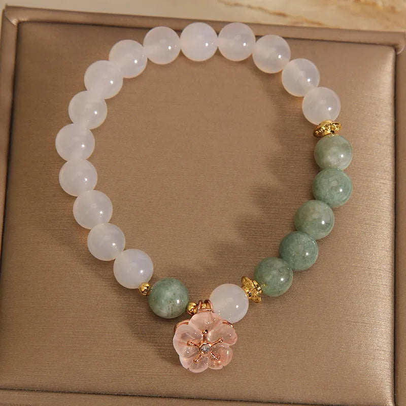 Women's emerald agate crystal bracelet with jadeite flower pendant and white agate beads