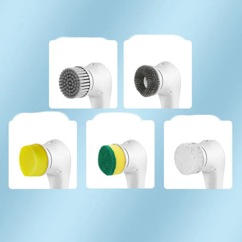 White USB electric handheld cleaning brush with five different brush heads for kitchen and bathroom surfaces.