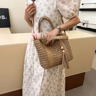 Women's straw woven crossbody shoulder bag in milky white or khaki colour with large capacity