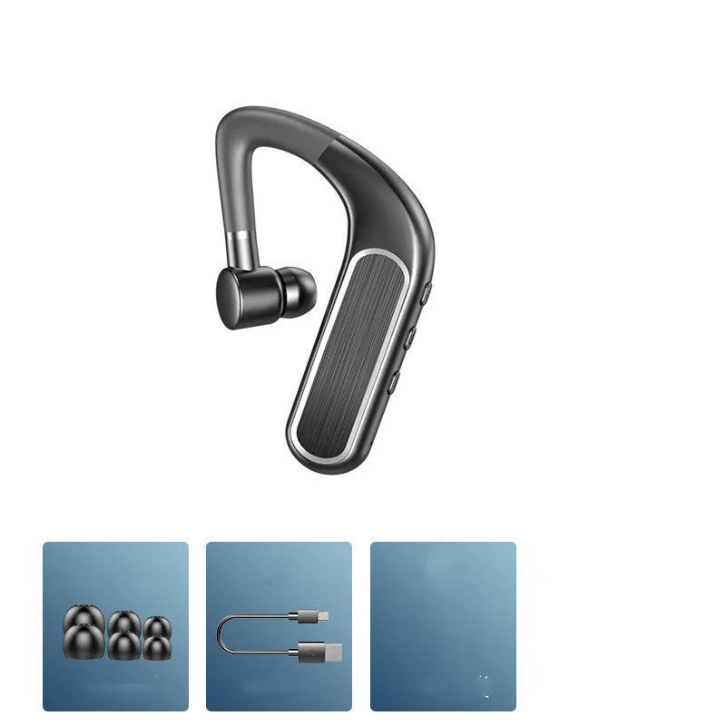 Black Bluetooth hanging-ear earphones with silicone ear caps, shown alongside charging cable and additional ear cap sizes
