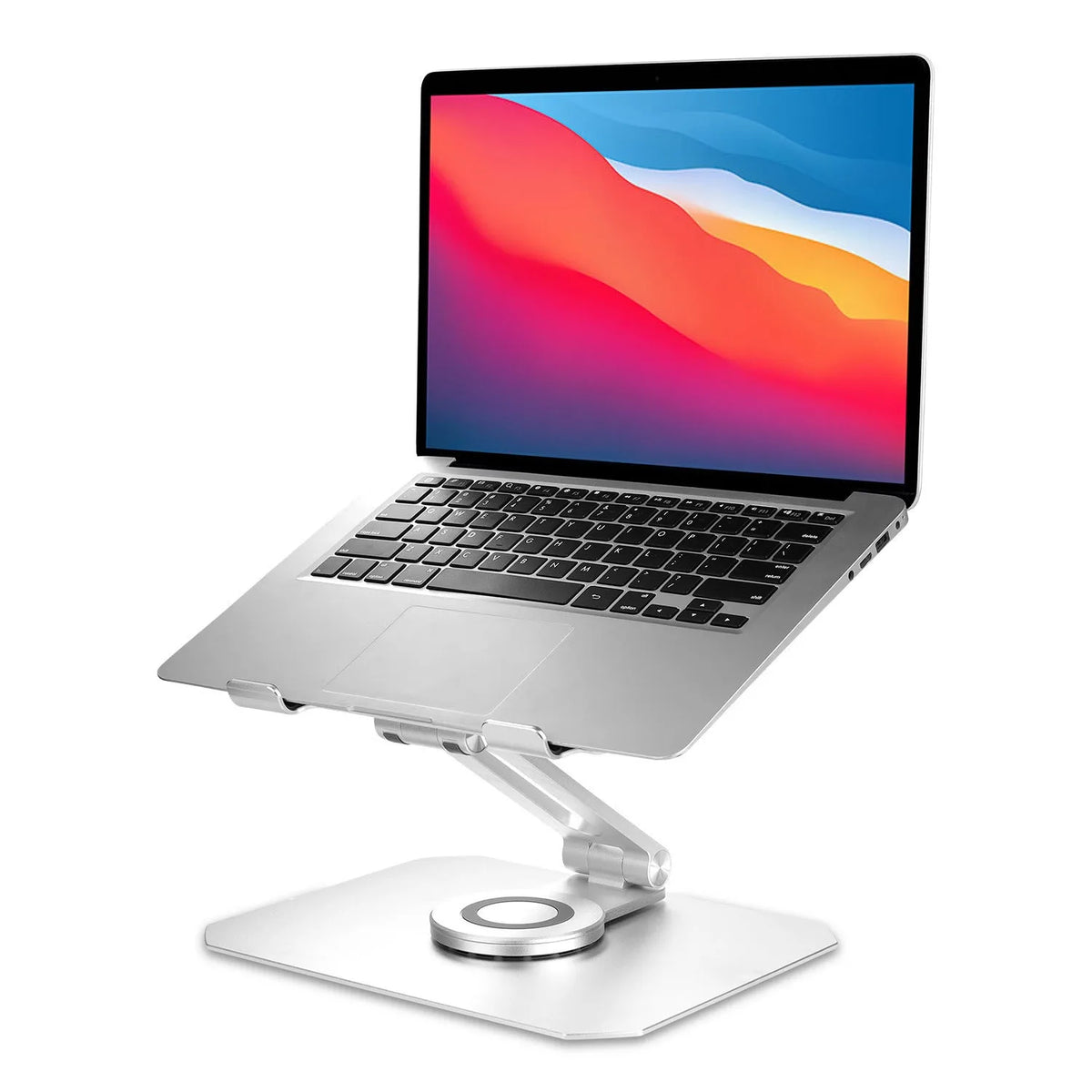 Silver aluminium alloy 360 degree rotating desktop laptop stand folded for storage