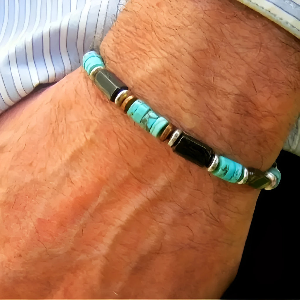 Handmade retro men's bracelet with turquoise and haematite beads, colour CZL165