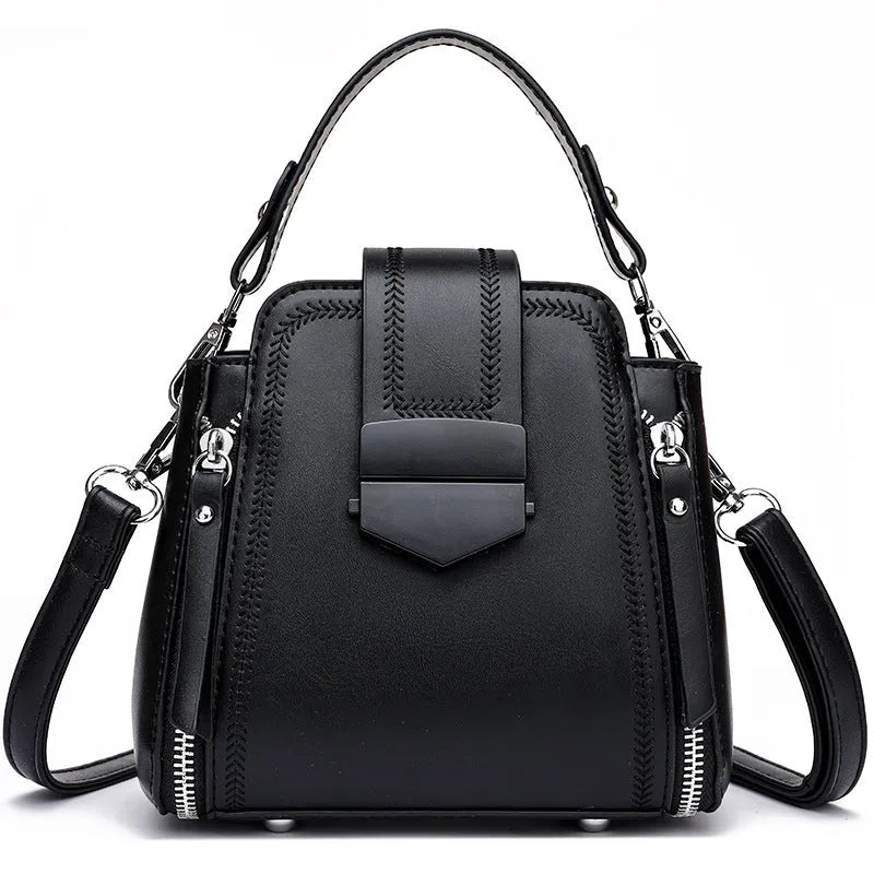 Square vertical PU leather handbag with textured finish and sewing thread detail in colour options