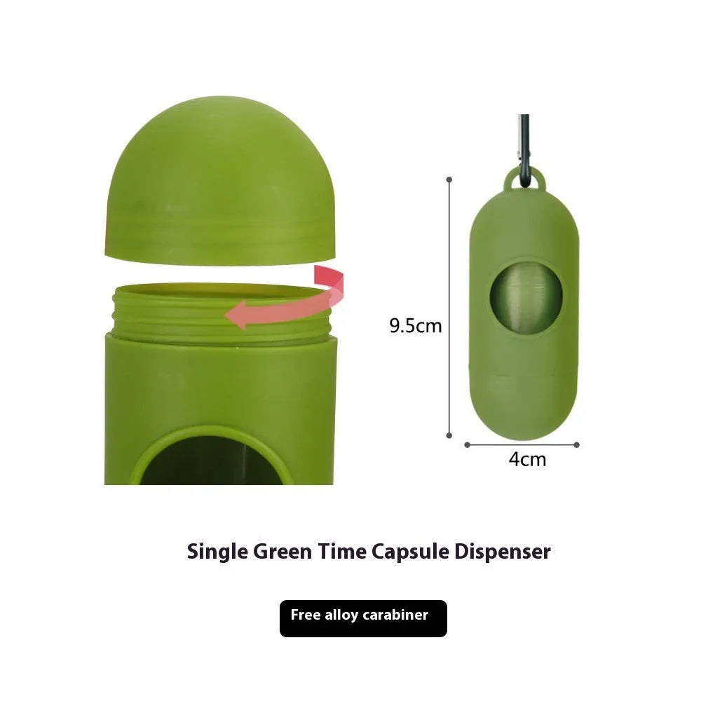 Green roll of EPI degradable thickened pet poop bags next to a green dispenser unit on a white background.