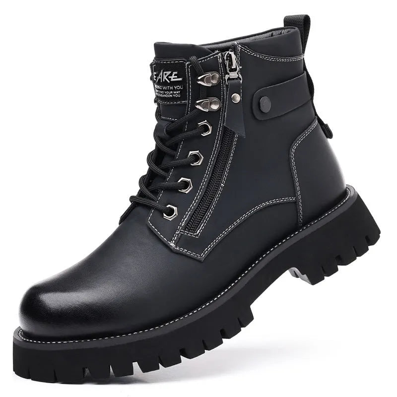 Men's brown leather high-top boots with side zipper and round toe design