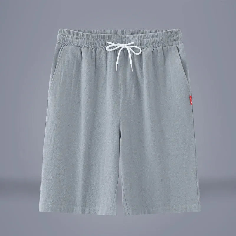 Chinese style solid colour cotton linen cropped summer pants on a hanger