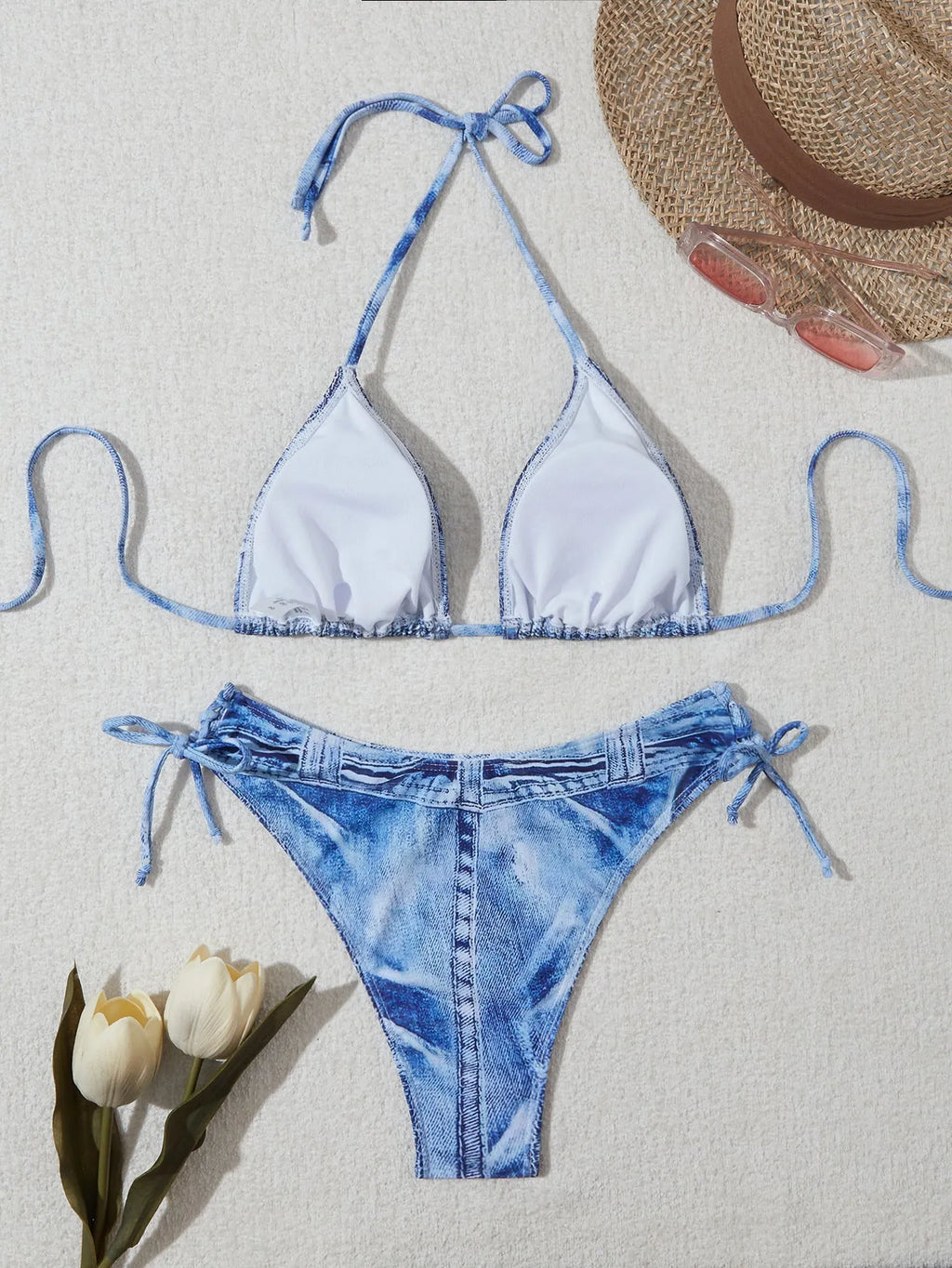 Women's denim blue printed bikini set with strappy design, two-piece swimwear for beach and pool